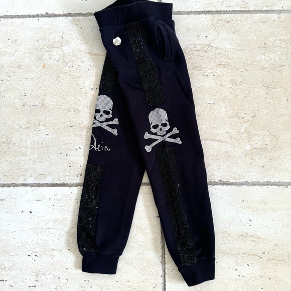 Philipp Plein Kids Black Joggers with Crystals Skull Detail Size 6-7